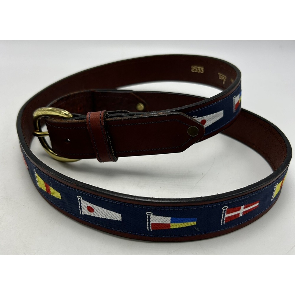 Tory Nautical Flags Belt Mens 44 English Bridle Leather Brown Brass 2533 Read